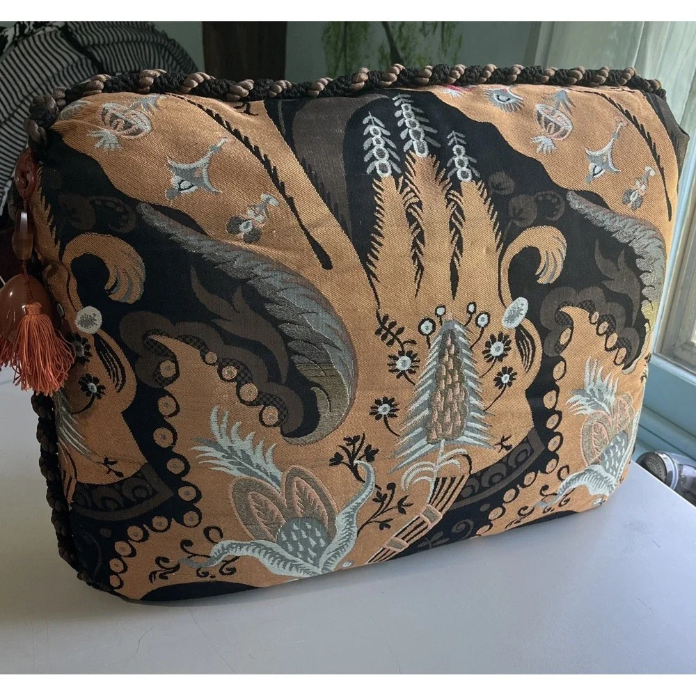 Silk Embroidered Floral  Tapestry Pillow w/Tassels Braided Rope 20x15 Lux